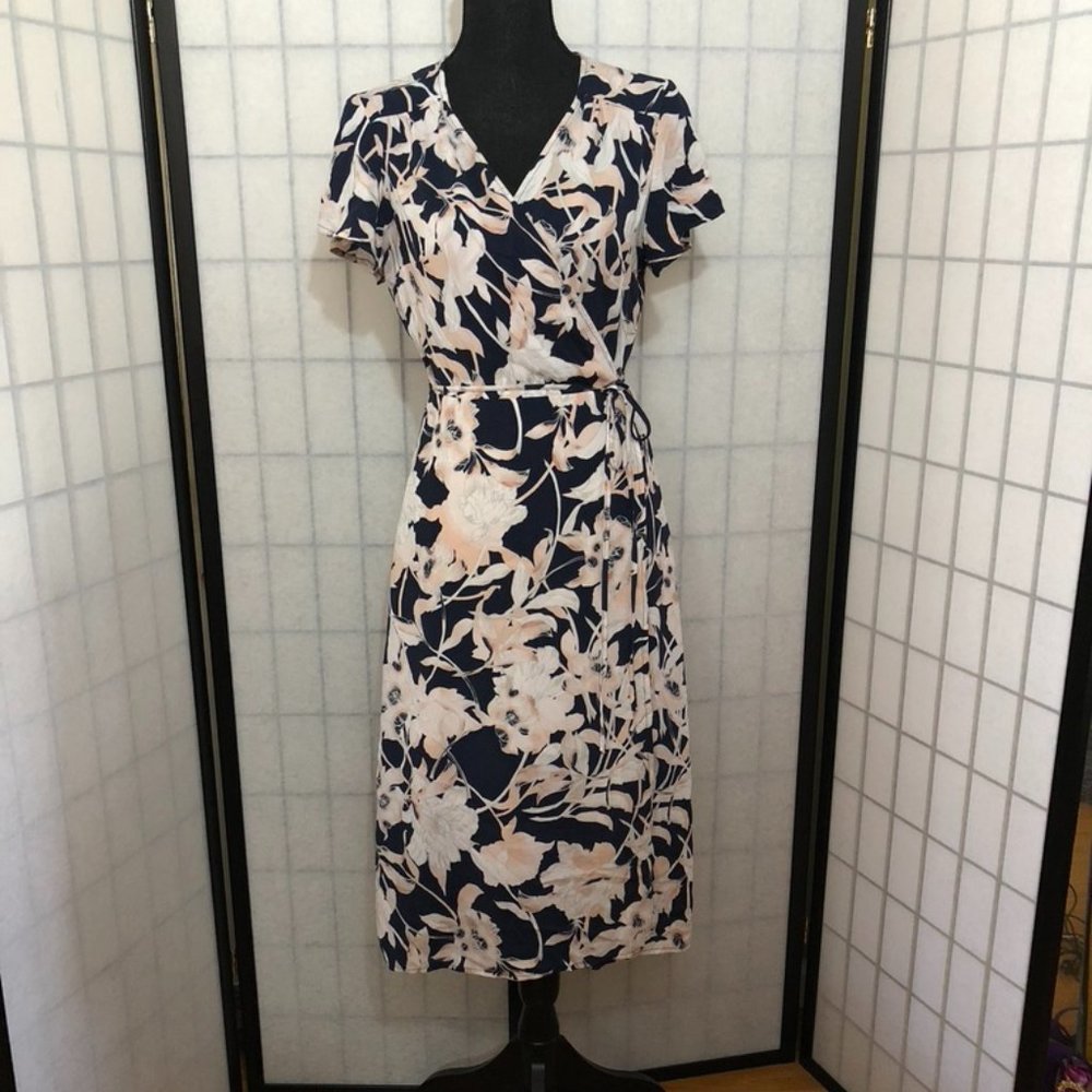 LEITH Floral Wrap Dress Navy Blue Pink Rose White